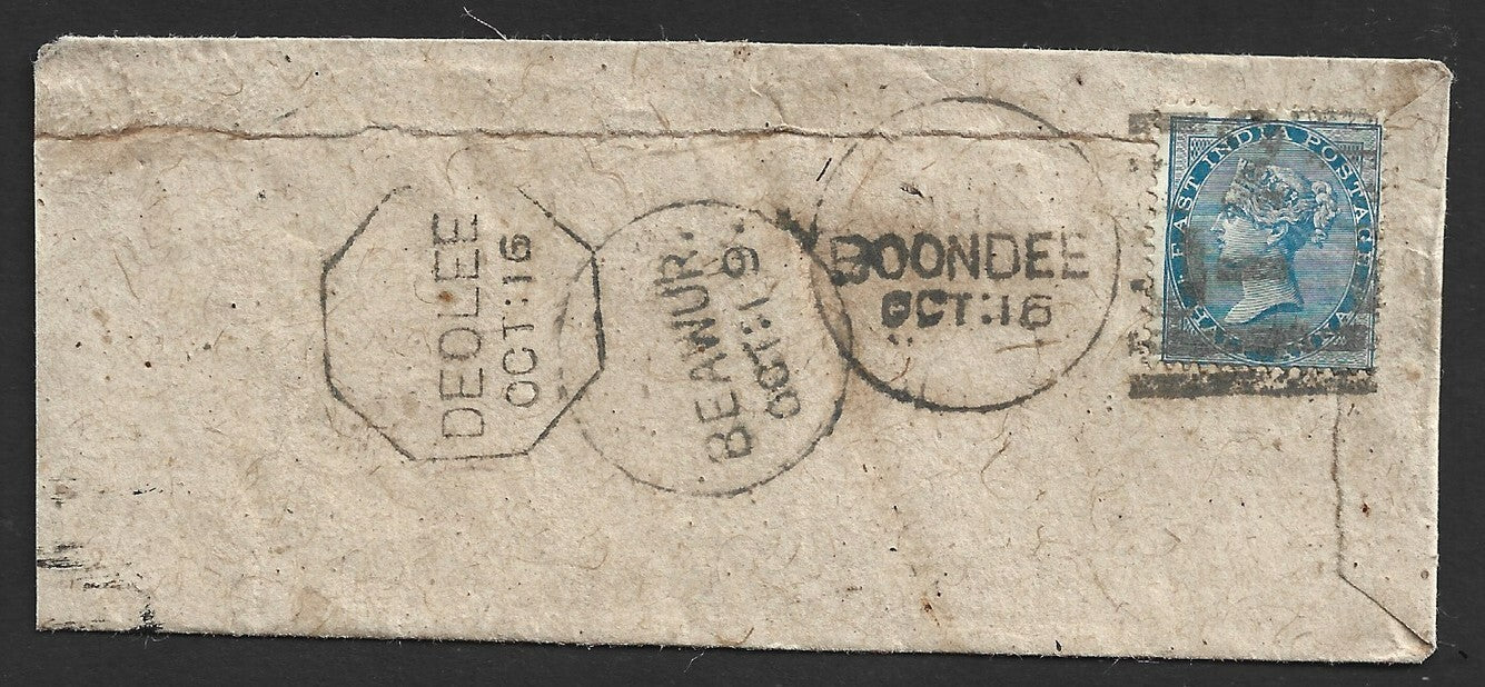 India QV 1/2a blue on cover canc EIC Type 17a duplex "BOONDEE" "2/J-1"