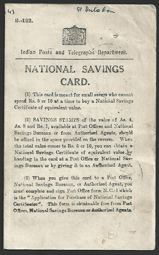 India National Savings card with 1947 NATIONAL SAVINGS INDIA stamps x 6 CAMP P.O