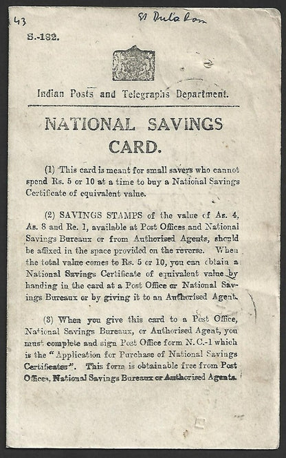 India National Savings card with 1947 NATIONAL SAVINGS INDIA stamps x 6 CAMP P.O