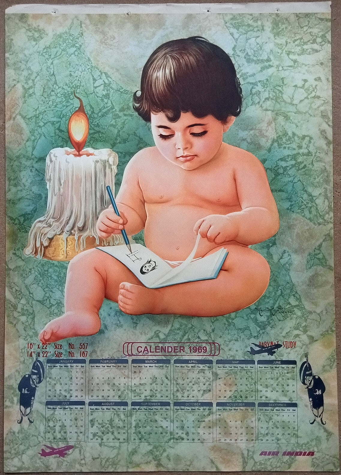 AIR INDIA 1969 poster calender 567 - BABY AT STUDY - R