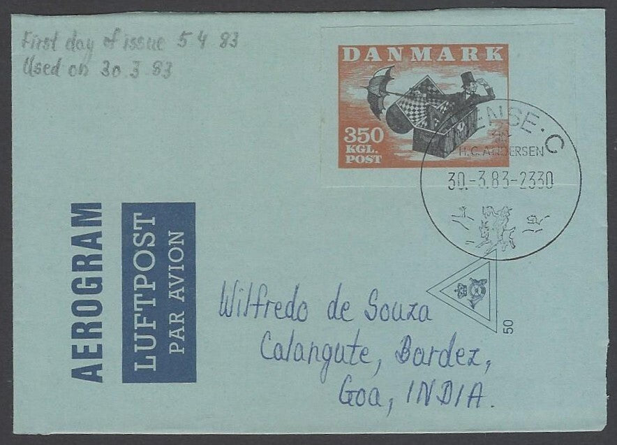 AOP Denmark 350k envelope part used First Day to Calangute, Goa, India