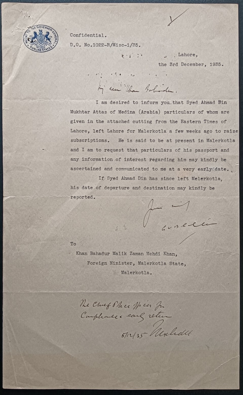 India 1935 crested letter AGENT TO THE GOVERNOR GENERAL / PANJAB STATES Lahore