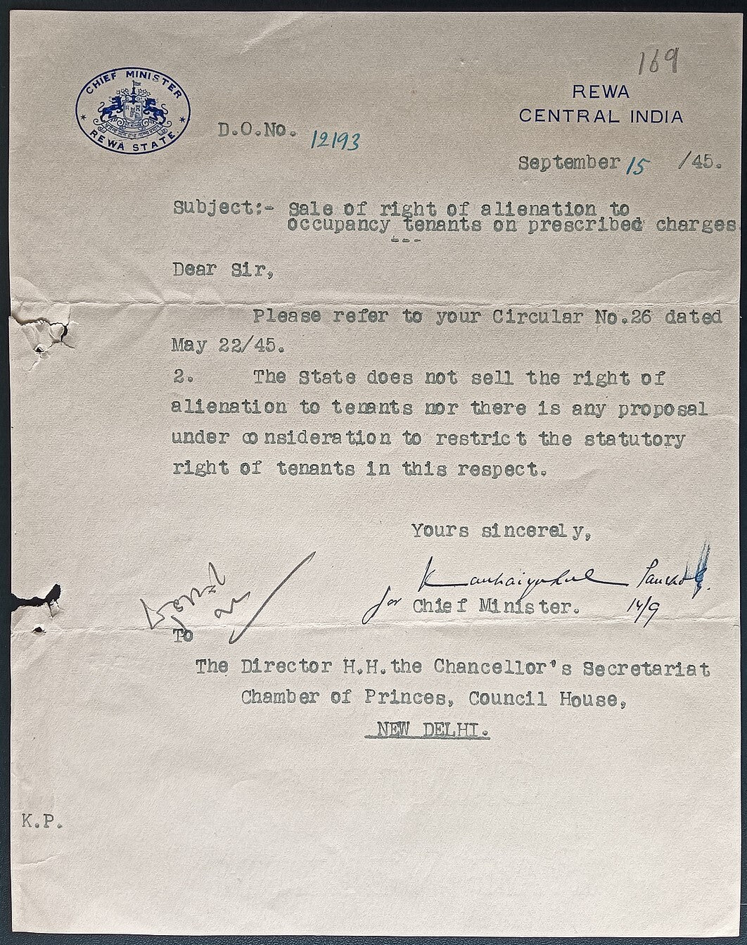 India 1945 crested letter CHIEF MINISTER / REWA STATE signed