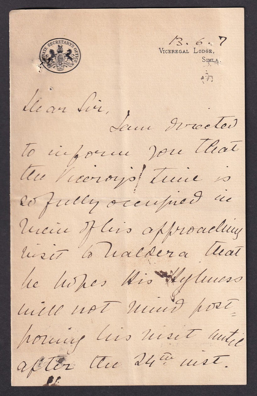 India VICEREGAL LODGE, Simla 1907 crested letter & envelope