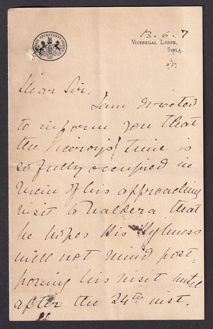 India VICEREGAL LODGE, Simla 1907 crested letter & envelope