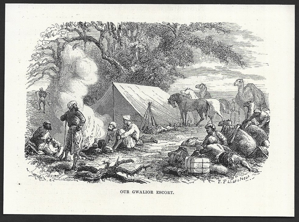India OUR GWALIOR ESCORT engraved print ex libris Rousslet 1876 5.5"x4"