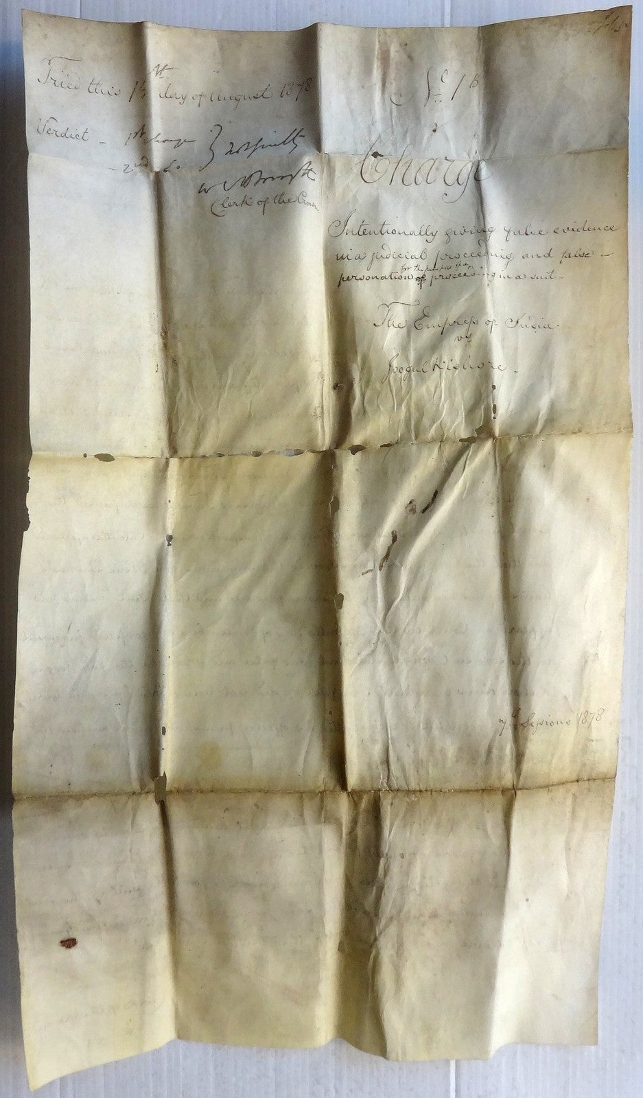 India 1878 parchment animal skin Court document Charge of giving false evidenceӜ