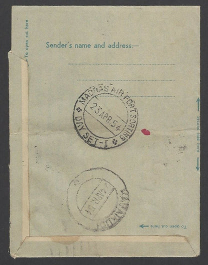 Burma 6a air letter used 1954 to India wi THEINGYI-ZE DUE AS & othe due markings