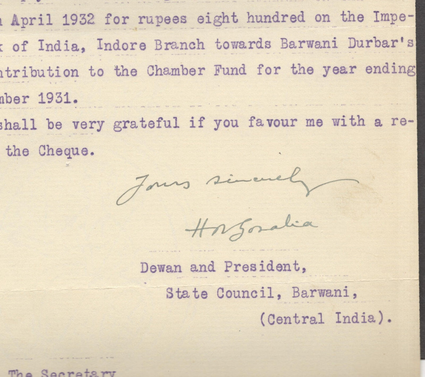 India 1932 crested letter BARWANI STATE signed Dewan