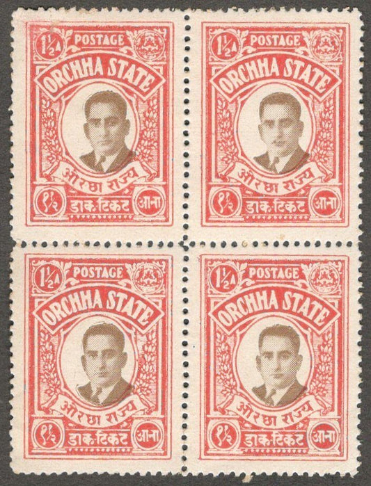 (AOP) India ORCHHA STATE 1935 1 1/2a MNH block of 4. SG 13