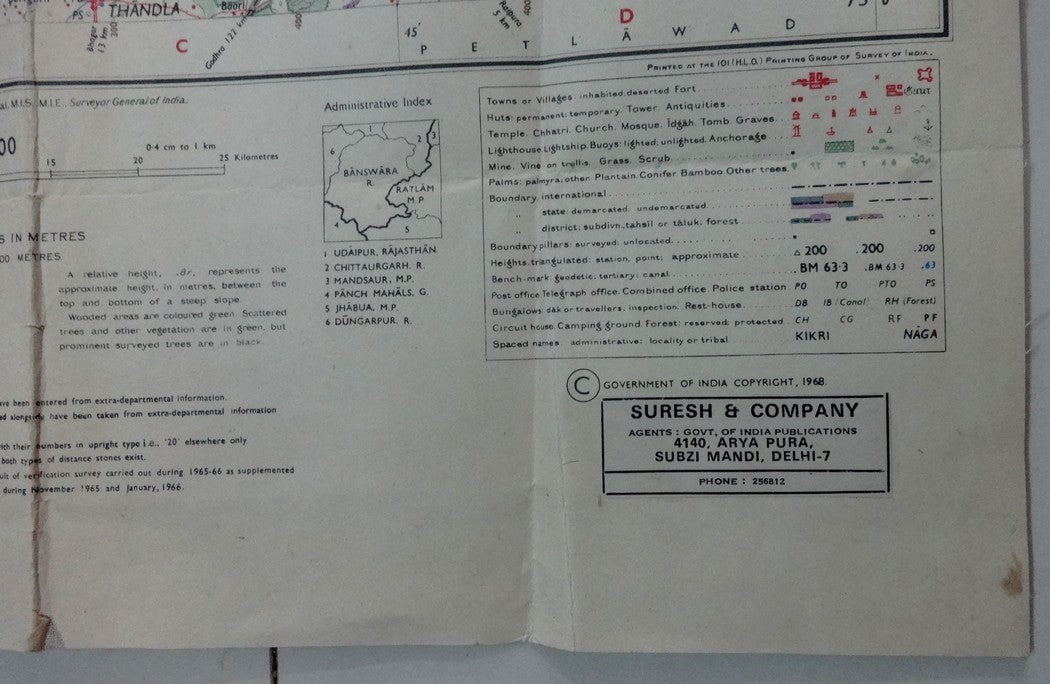 India 1968 canvas backed (1937 survey) detailed map of Banswara 18” x 35”