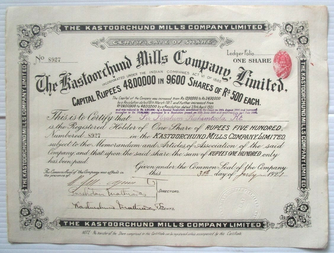 India Kastoorchund Mills Company Ltd. 1921 share certificate No - 8927