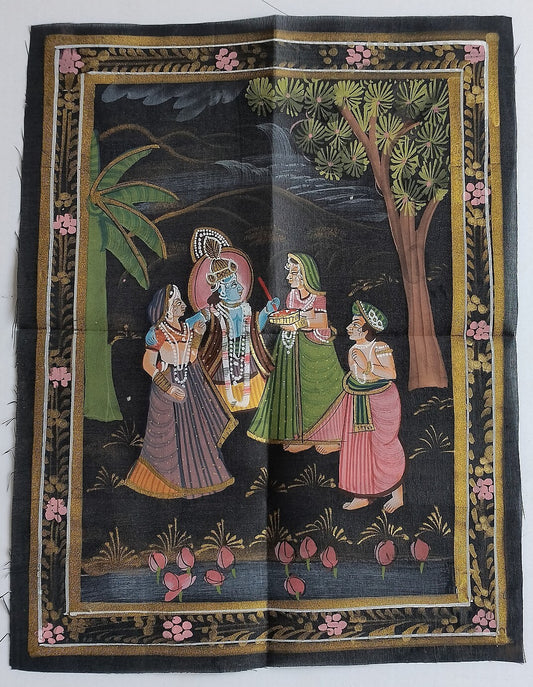 India vintage hand painting on cloth RADHA, KRISHNA & BALRAM 10 x 12 inches