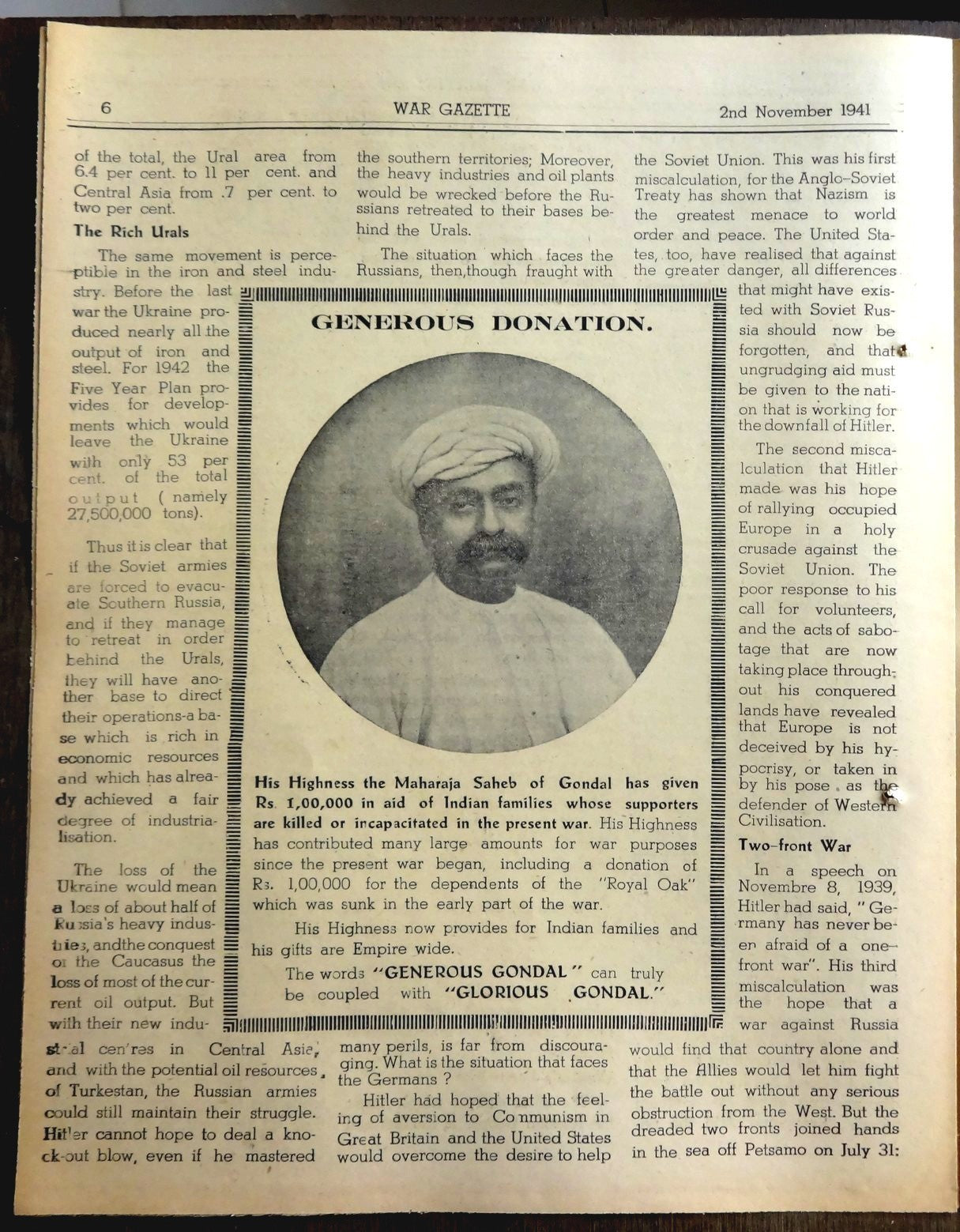 India WISA War Gazettes 2-11-1941 Russia scorched Earth policy, etc (2) Ӝ