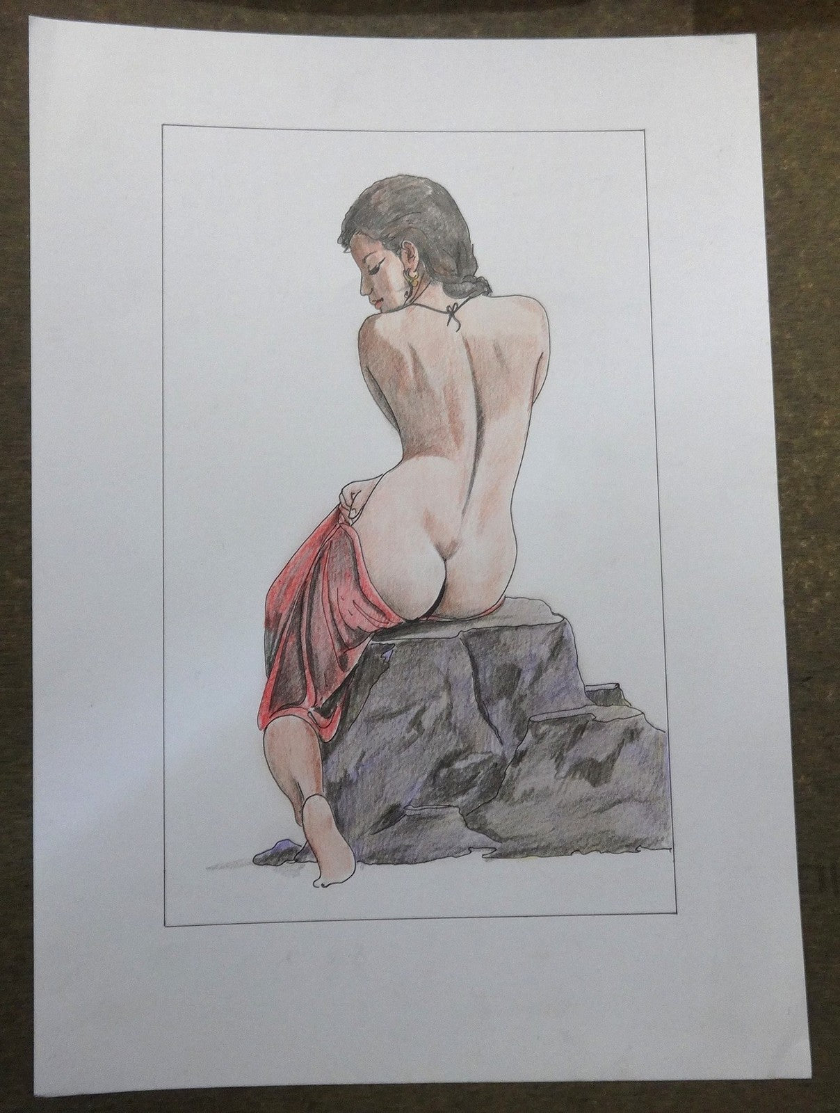 Nude Indian beauty watercolors crayons & ink on card 12''x 17''