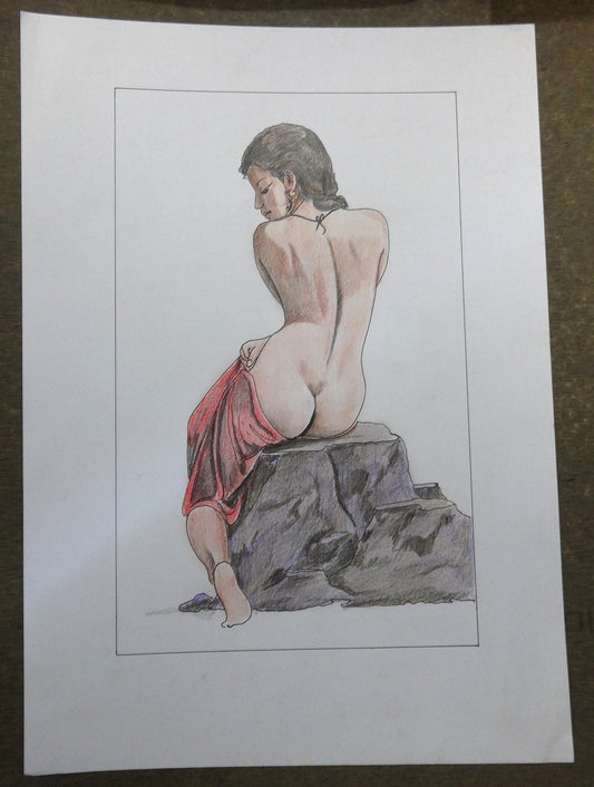 Nude Indian beauty watercolors crayons & ink on card 12''x 17''
