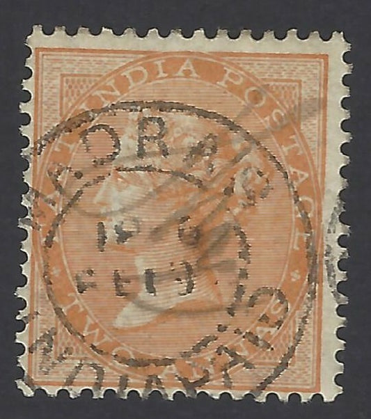 India Queen Victoria 1855 2a orange no wtmrk canc MADRAS INDIA PAID cds VF SON