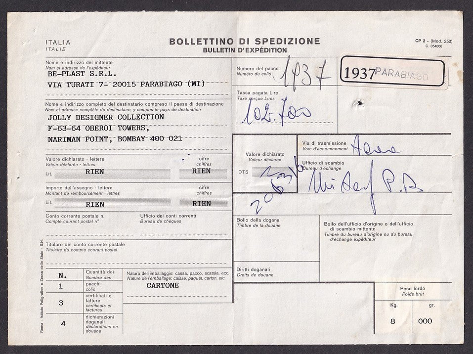 Italy black Citis/TAE/EMS “PT3” meter 92700 Lire on 1993 parcel card to India