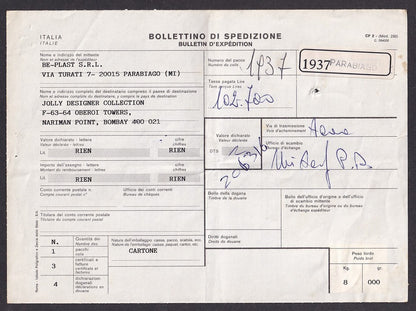 Italy black Citis/TAE/EMS “PT3” meter 92700 Lire on 1993 parcel card to India