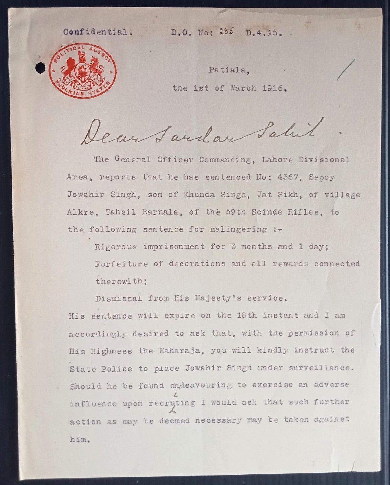India 1915 POLITICAL AGENCY PHULKIAN STATES crested letter Sikh Sepoy imprisoned