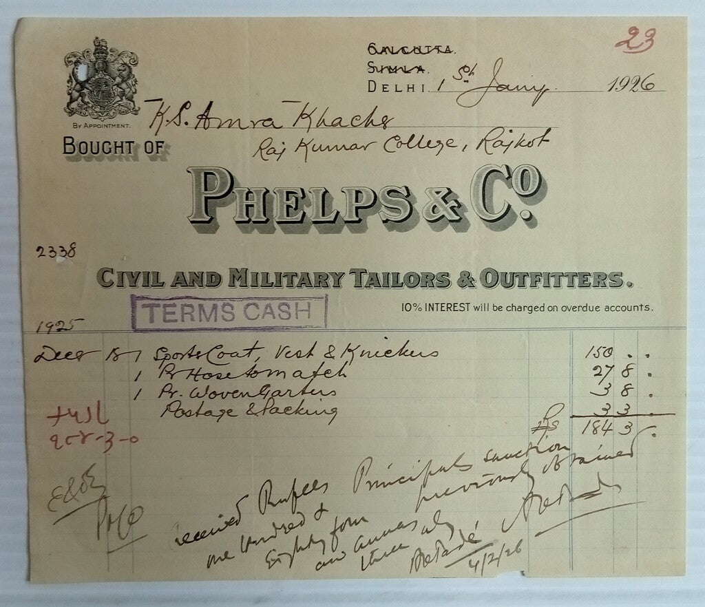 AOP India 1926 billhead PHELPS & CO CIVIL AND MILITARY TAILORS Delhi
