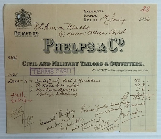 AOP India 1926 billhead PHELPS & CO CIVIL AND MILITARY TAILORS Delhi