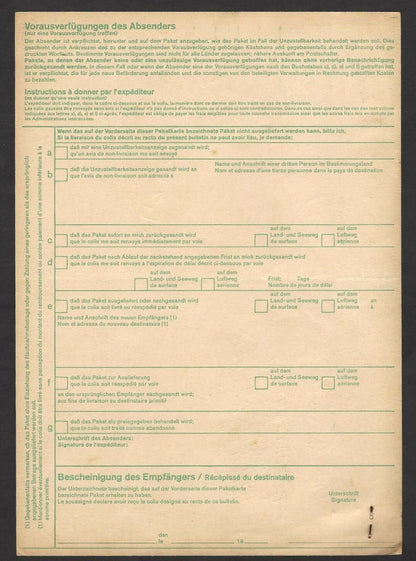 Germany 1975 500pf x 5 on MiF parcel card to India