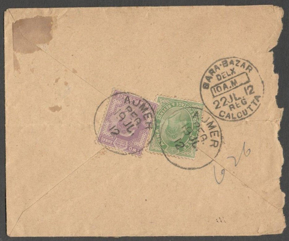 AOPIMT India KEd VII registered cover 1912 AJMER
