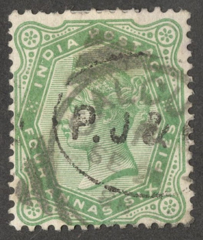 AOP India QV 1882 4a6p green used. SG 97 £9.50