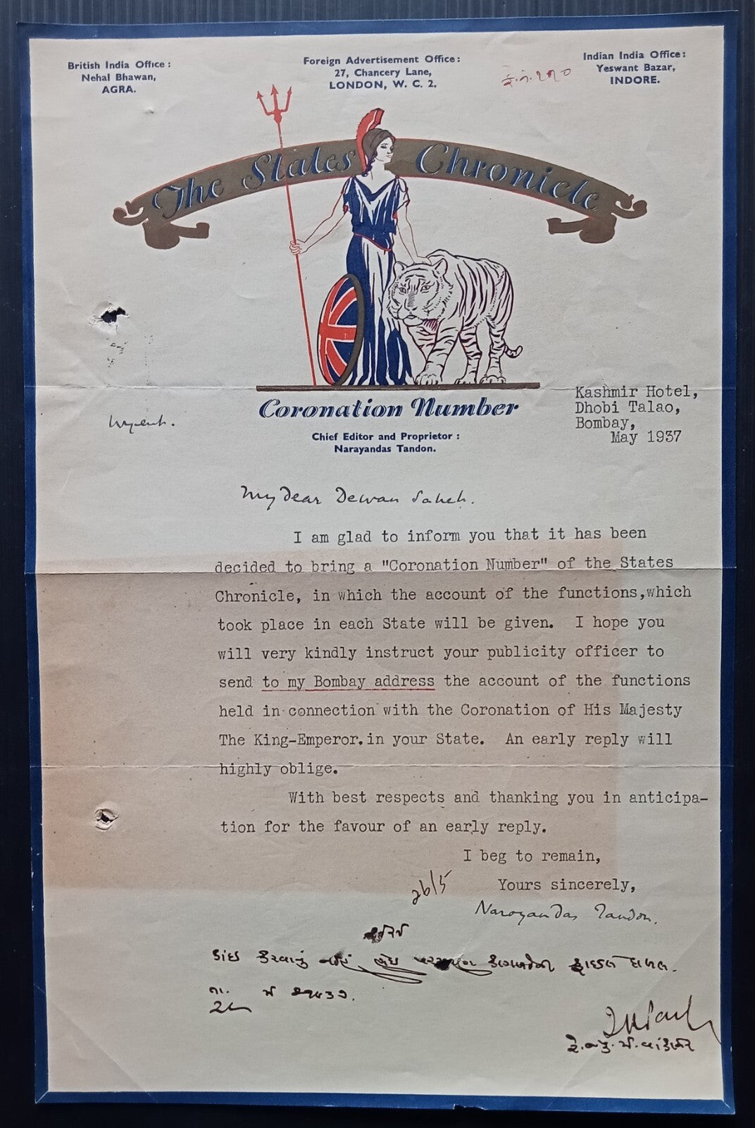 India The States Chronicle Coronation Number attractive letterhead 1937