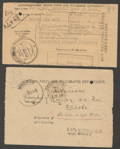 India 1945-48 postal receipts with framed & unframed Experimental S.O. 
