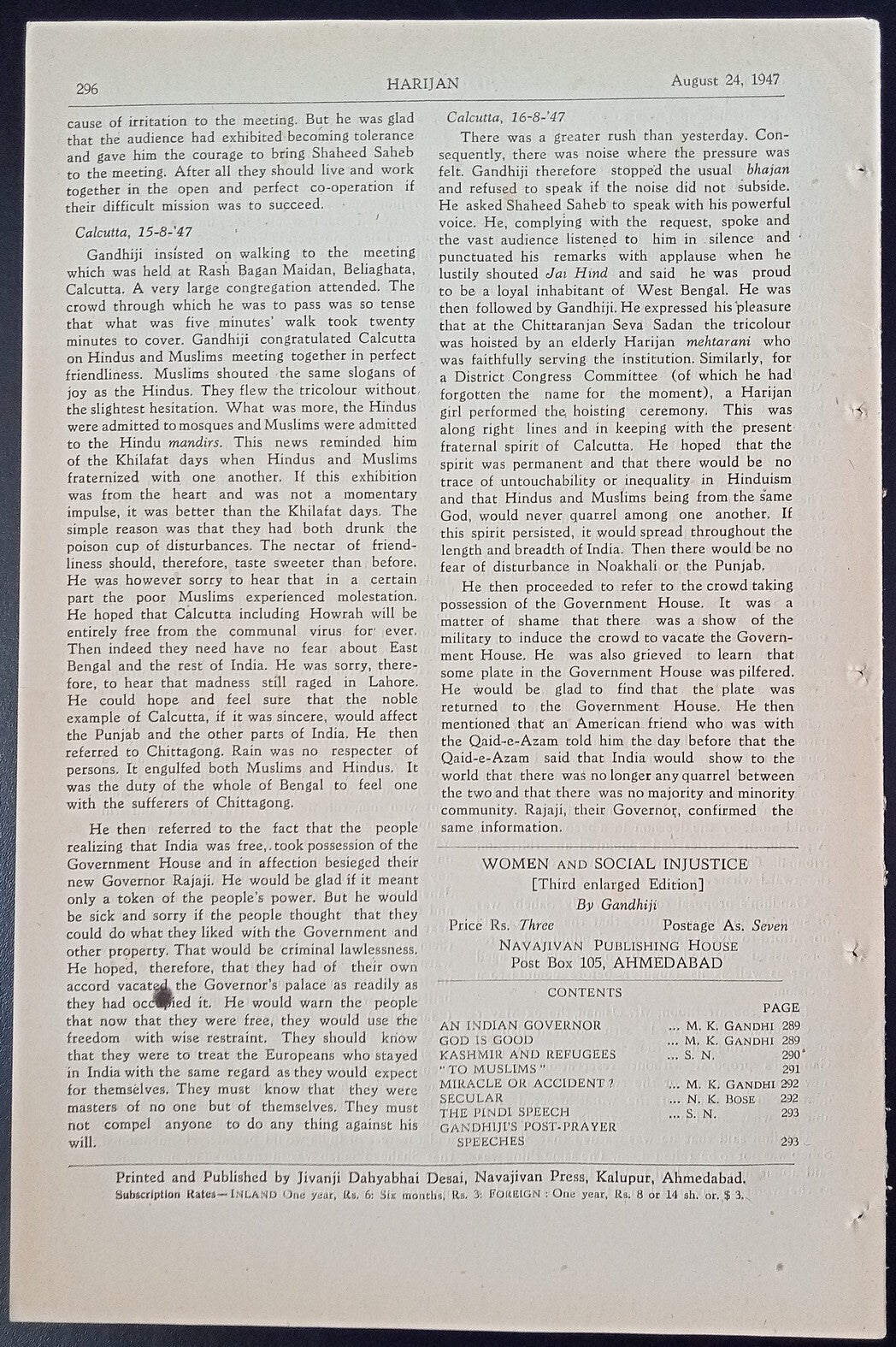 India HARIJAN 24-8-1947 issue - GOD IS GOOD by MK Gandhi