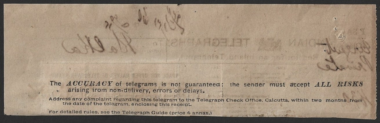 India 1893 Telegraph Telegram receipt with 4 colour franking