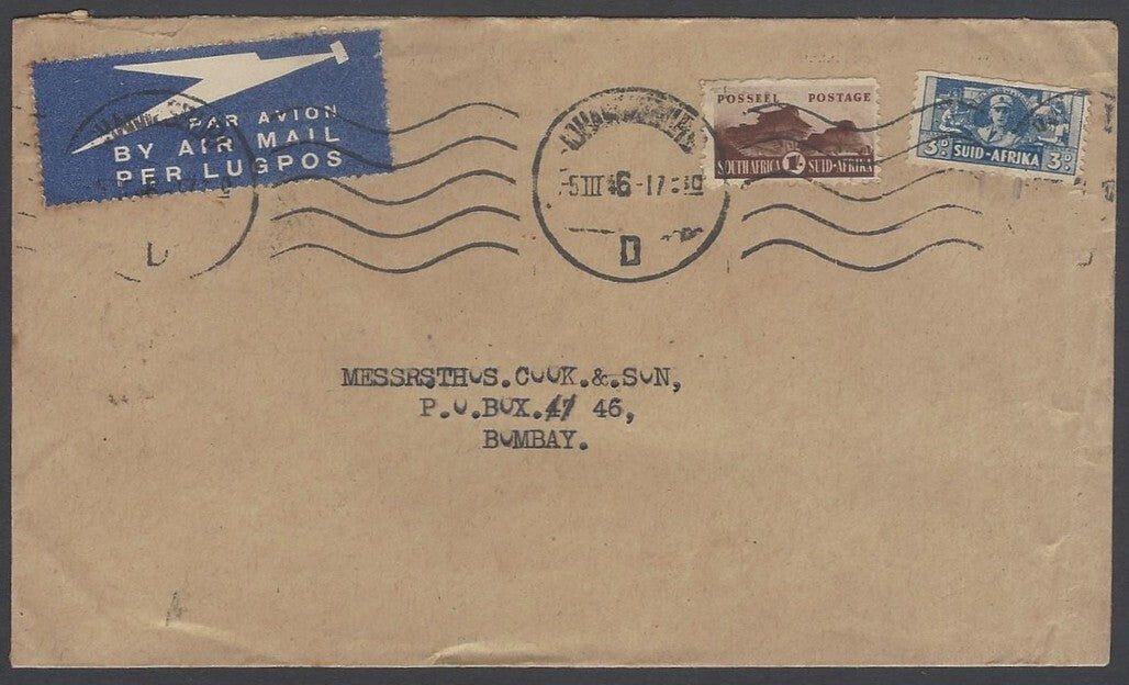 AOP South Africa 1943 bantams 3d & 1sh single on cover Johannesburg to India