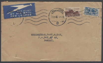 AOP South Africa 1943 bantams 3d & 1sh single on cover Johannesburg to India
