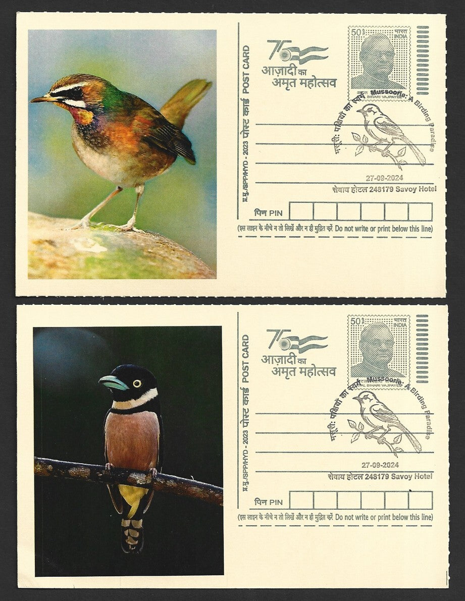 India 2024 Birding Paradise Savoy Hotel postmark cards MULTICOLORED BIRDS (8)