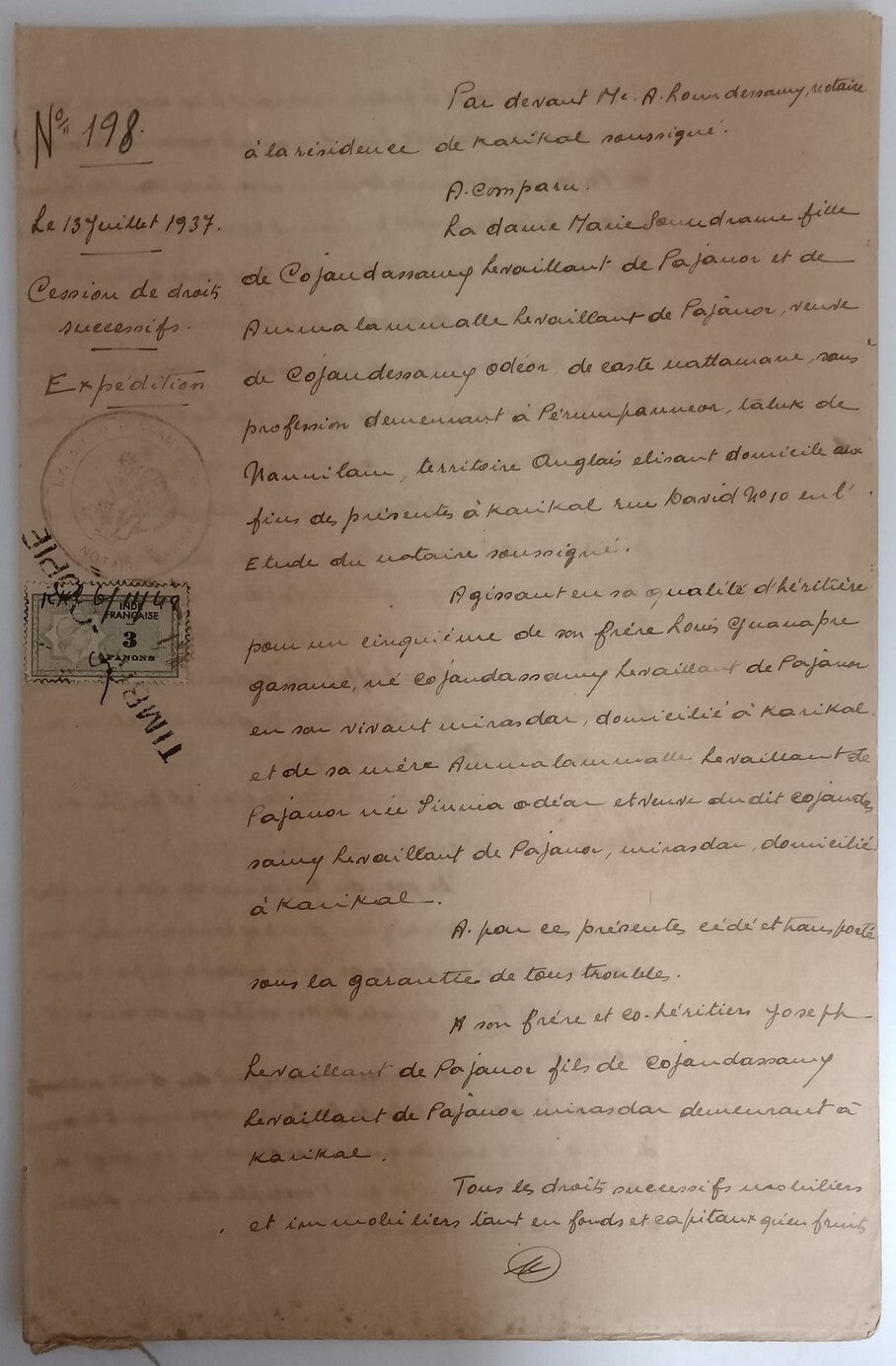 AOP French India 3fa revenue stamp on 1937 8 page KARIKAL document