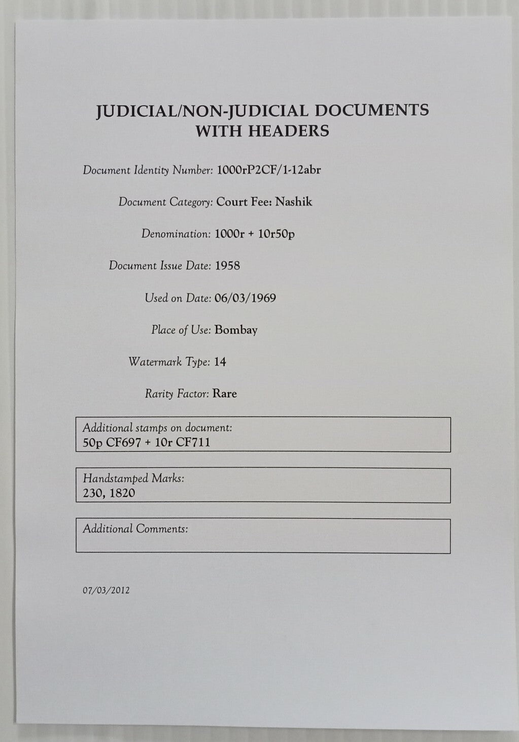 AOP India Capital 1000R stamp paper Wmk Type 14
