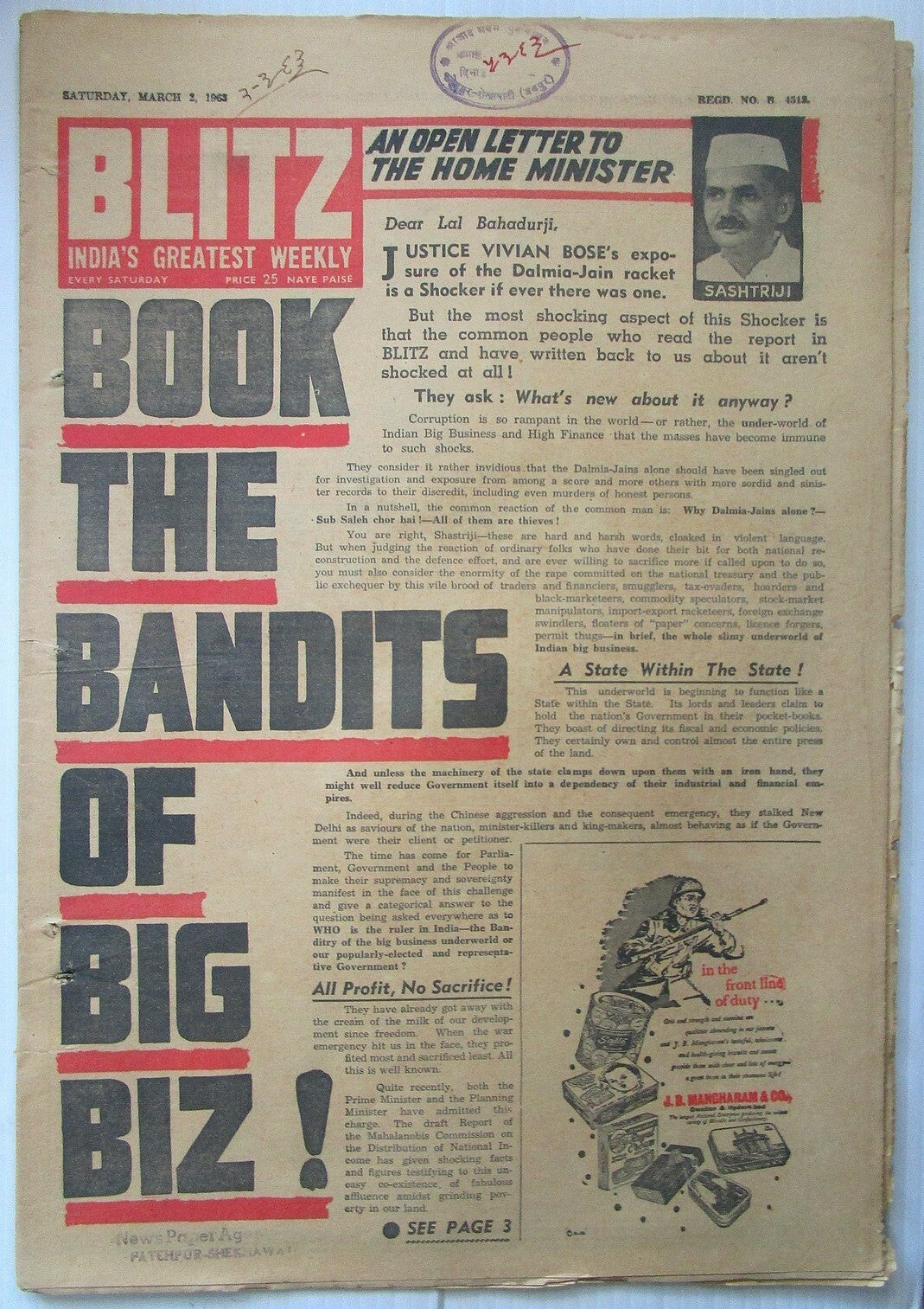 India Blitz 2 March 1963 issue BOOK THE BANDITS OF BIG BIZ! see condition