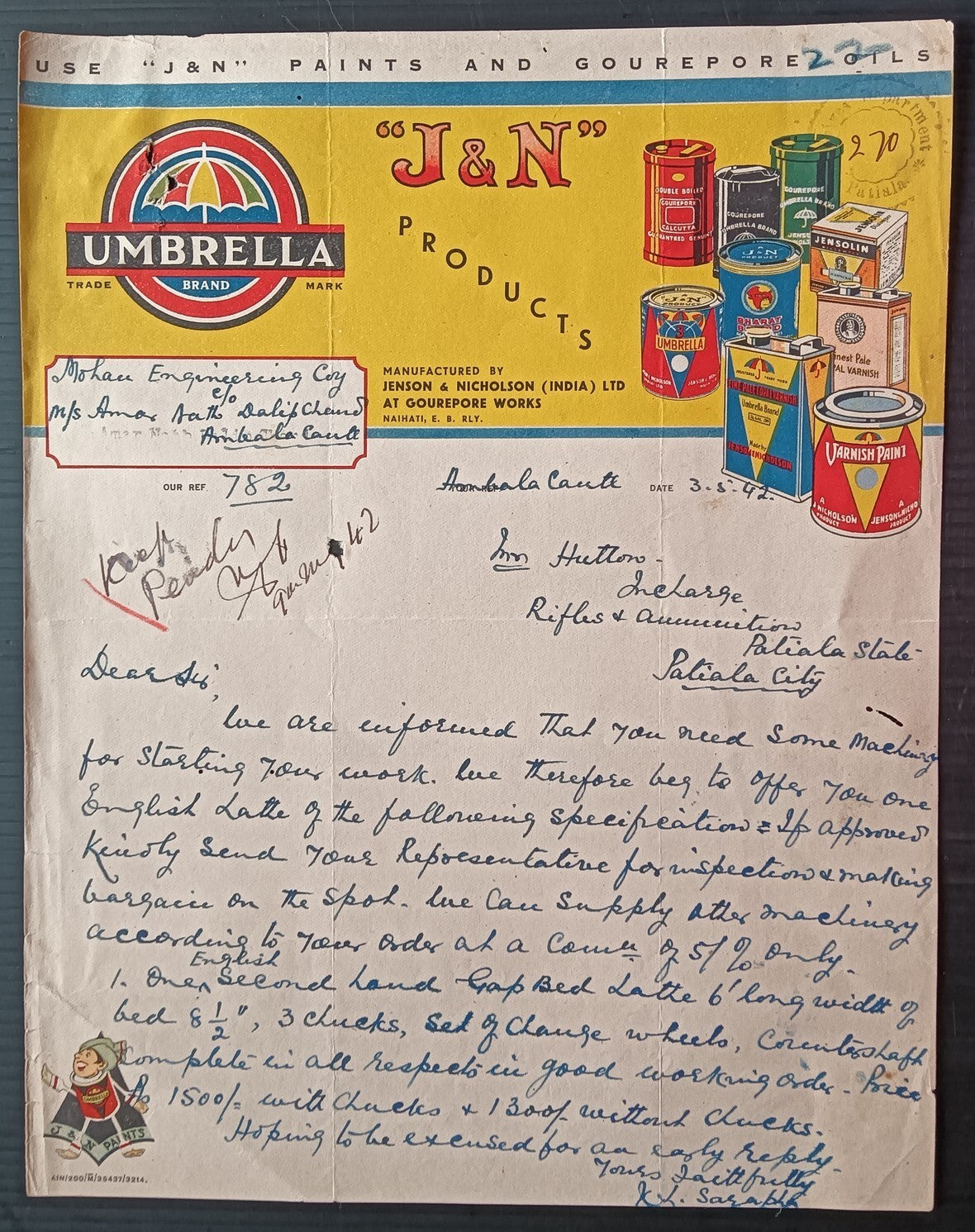 India 1942 pictorial letterhead J&N Products, Umbrella brand