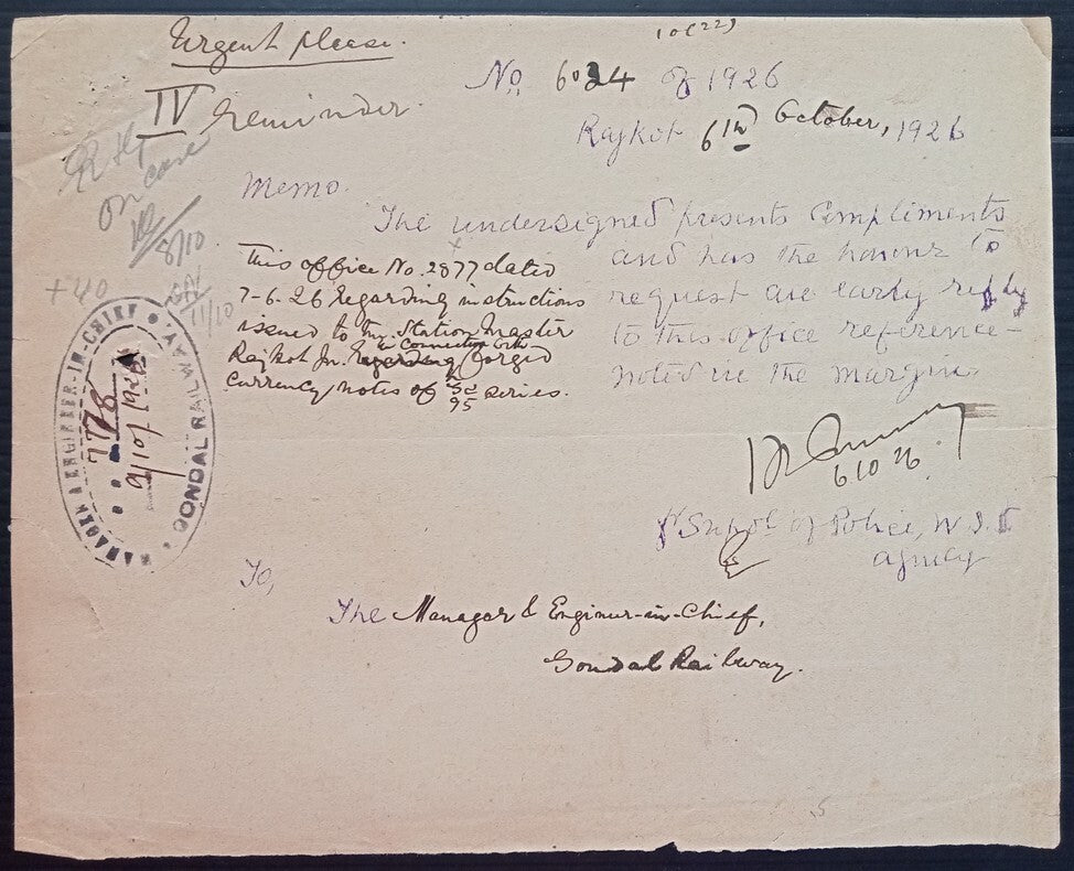 (AOP) India 1926 Official correspondence about FORGED CURRENCY