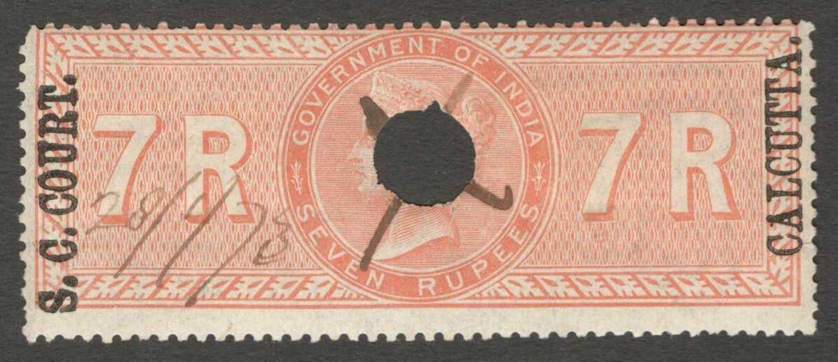 AOP India 1868-69 S C COURT CALCUTTA ovpt on SPECIAL ADHESIVE 7R used. Bft 69