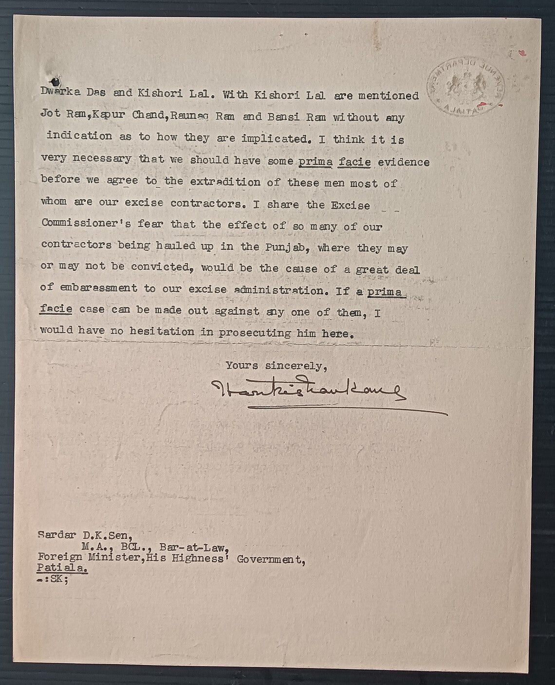 India PATIALA STATE REVENUE DEPARTMENT 1938 crested letter re: Smuggling Opium