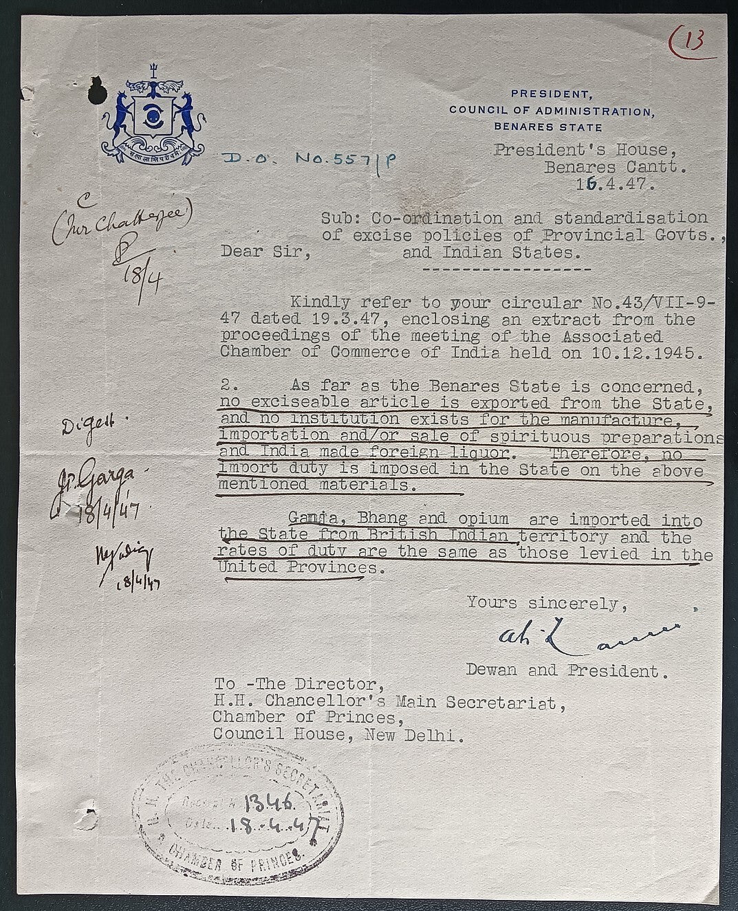 India 1947 crested letter BENARES STATE about import of Ganja, Bhang & Opium