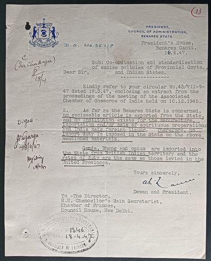 India 1947 crested letter BENARES STATE about import of Ganja, Bhang & Opium