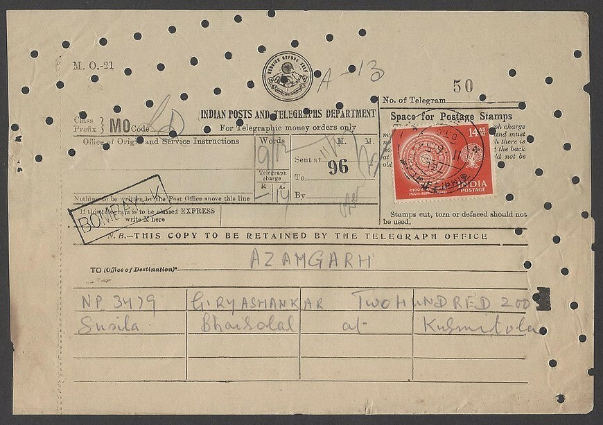 India 1956 telegram with single franking 1956 Buddha 14a