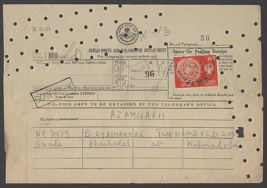 India 1956 telegram with single franking 1956 Buddha 14a