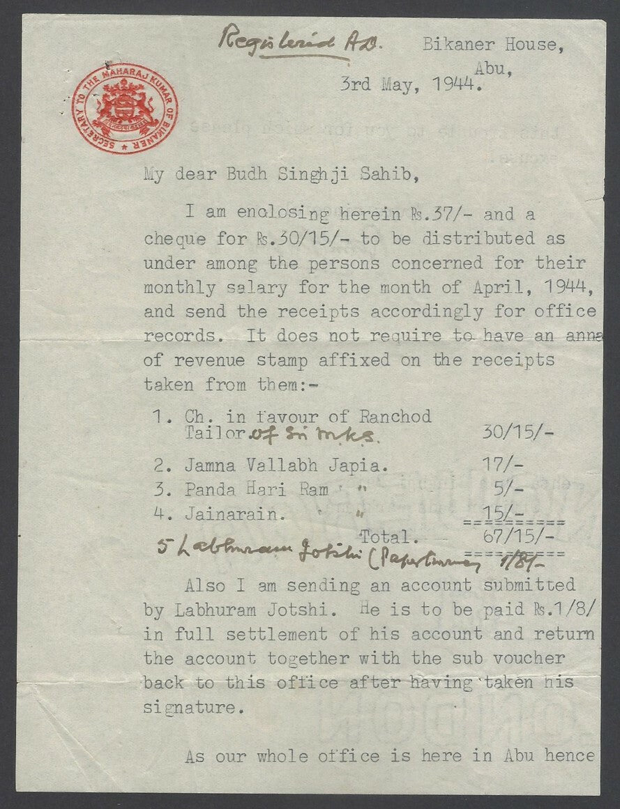 AOPIMT India 1944 crested letter SECRETARY TO THE MAHARAJ KUMAR OF BIKANER