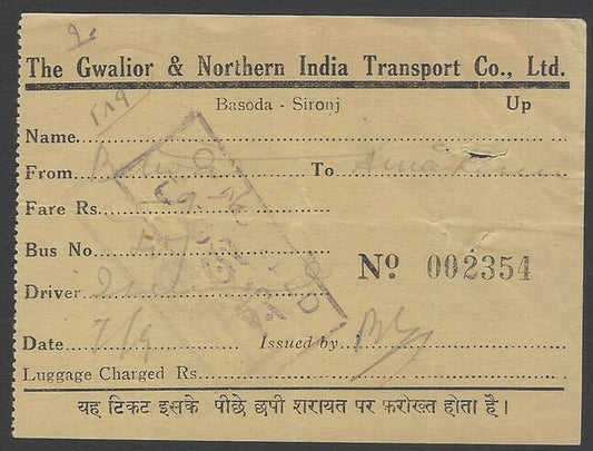 AOPIMT India 1937 The Gwalior & Northern India Transport Co. DOWN bus ticket