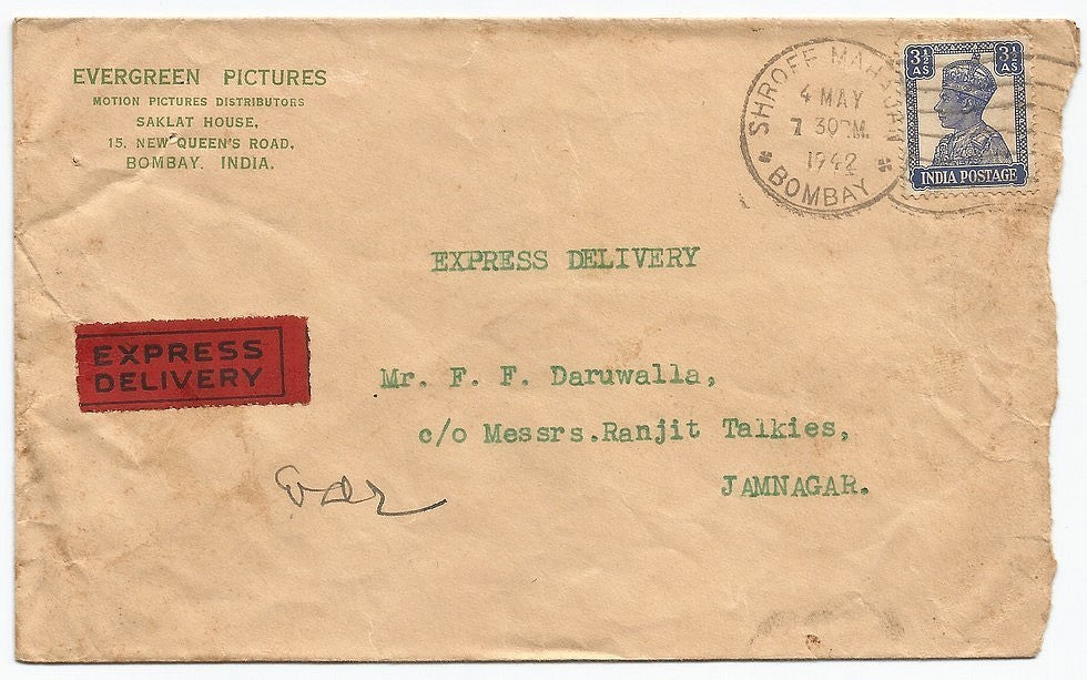 India KGVI 1942 EXPRESS DELIVERY cover with 3 1/2a single franking